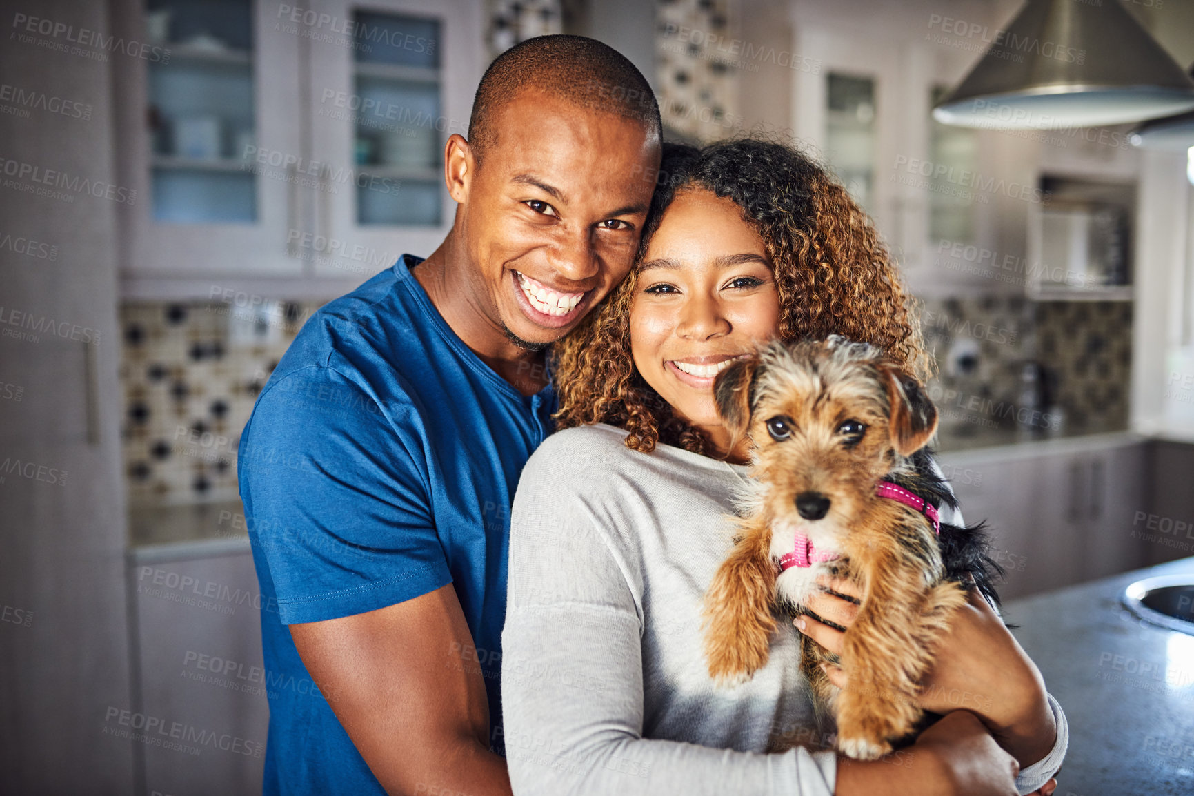 Buy stock photo Hug, portrait and African couple with dog, smile in kitchen of home together for bonding or love. Face, family or happy with pet owner man and woman in apartment with puppy for adoption of animal