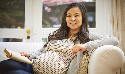 Buy stock photo Portrait of a pregnant woman reading a book at home