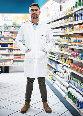 Buy stock photo Portrait of a confident mature pharmacist working in a pharmacy