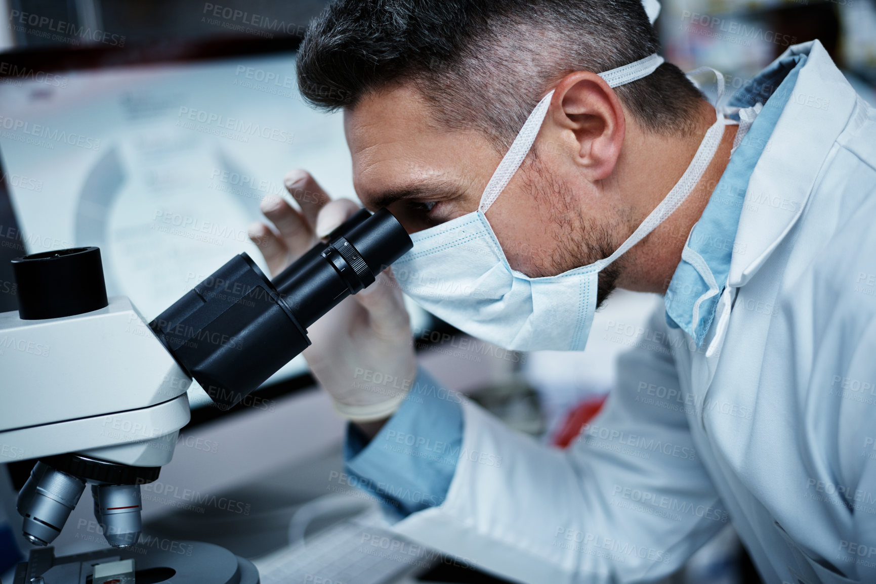 Buy stock photo Scientist, ppe and man with microscope, lab and medical research for clinical trail or biotechnology. Clinic, science and person with equipment for drug development, vaccine and healthcare innovation