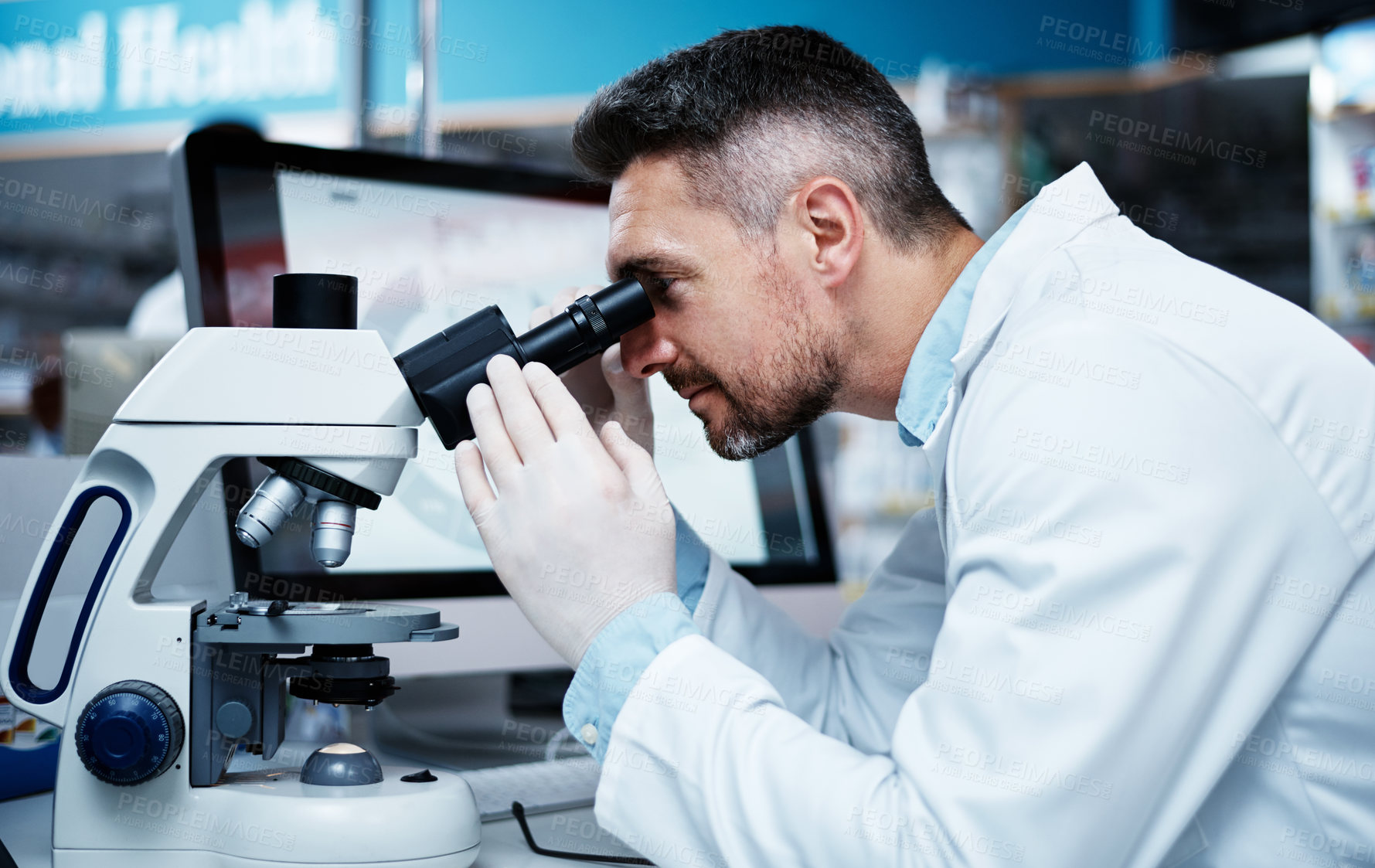 Buy stock photo Particles, analysis and man with microscope, lab and medical research for healthcare and innovation. Clinic, investigation and person with equipment for drug development, study and biotechnology