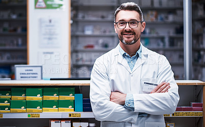 Buy stock photo Portrait of a mature pharmacist working in a pharmacy