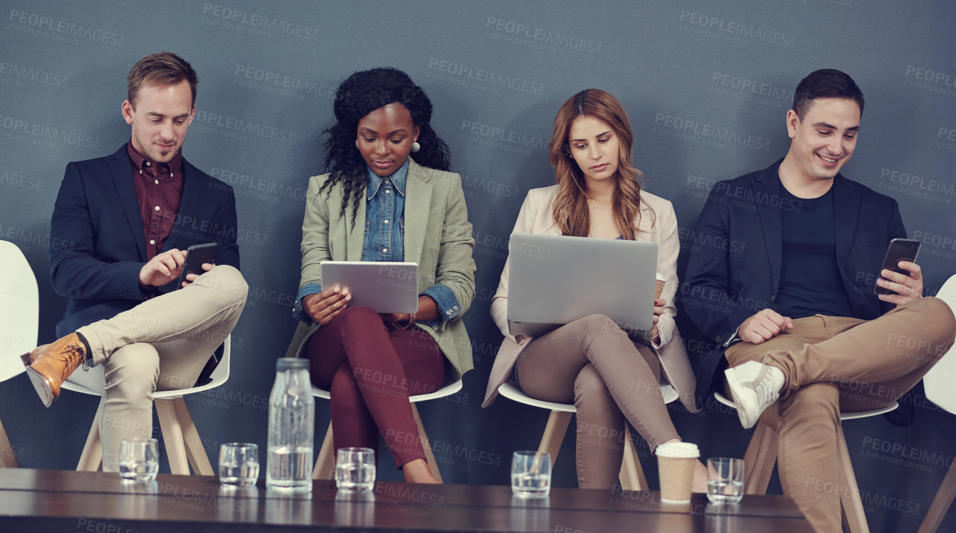 Buy stock photo Recruitment, waiting room and queue of people with tech, application and paperless interview. Hiring, diversity and candidate group for human resources, job opportunity or row for work onboarding