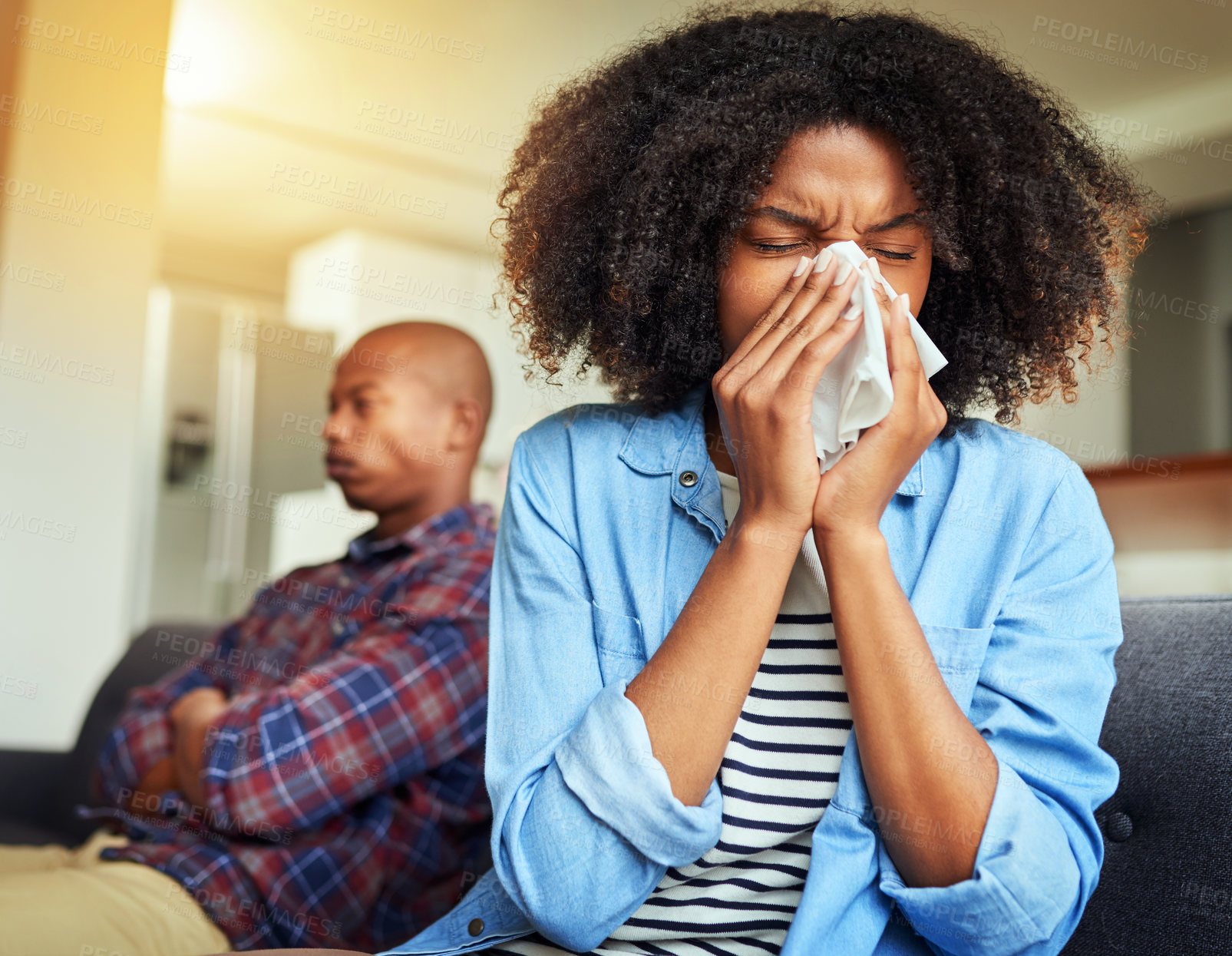 Buy stock photo House, woman and crying on argument with tissue on sofa in living room, upset and hurt. People, black couple and relationship with fight, break up and separation at apartment, conflict or frustrated