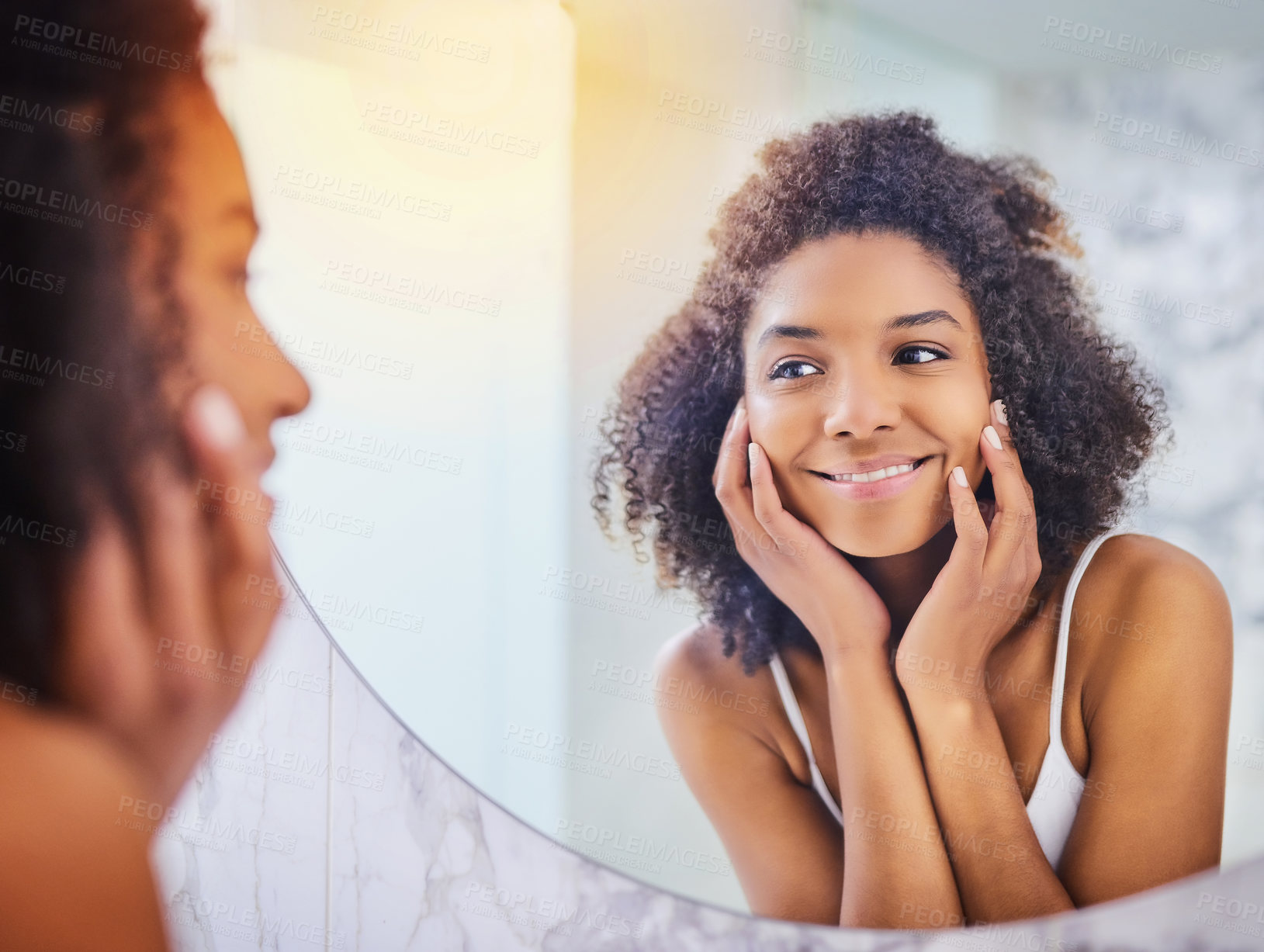 Buy stock photo Happy woman, skincare and natural beauty with mirror for grooming or morning routine at home. Young, female person or reflection with smile or facial for soft skin, dermatology or hygiene in bathroom