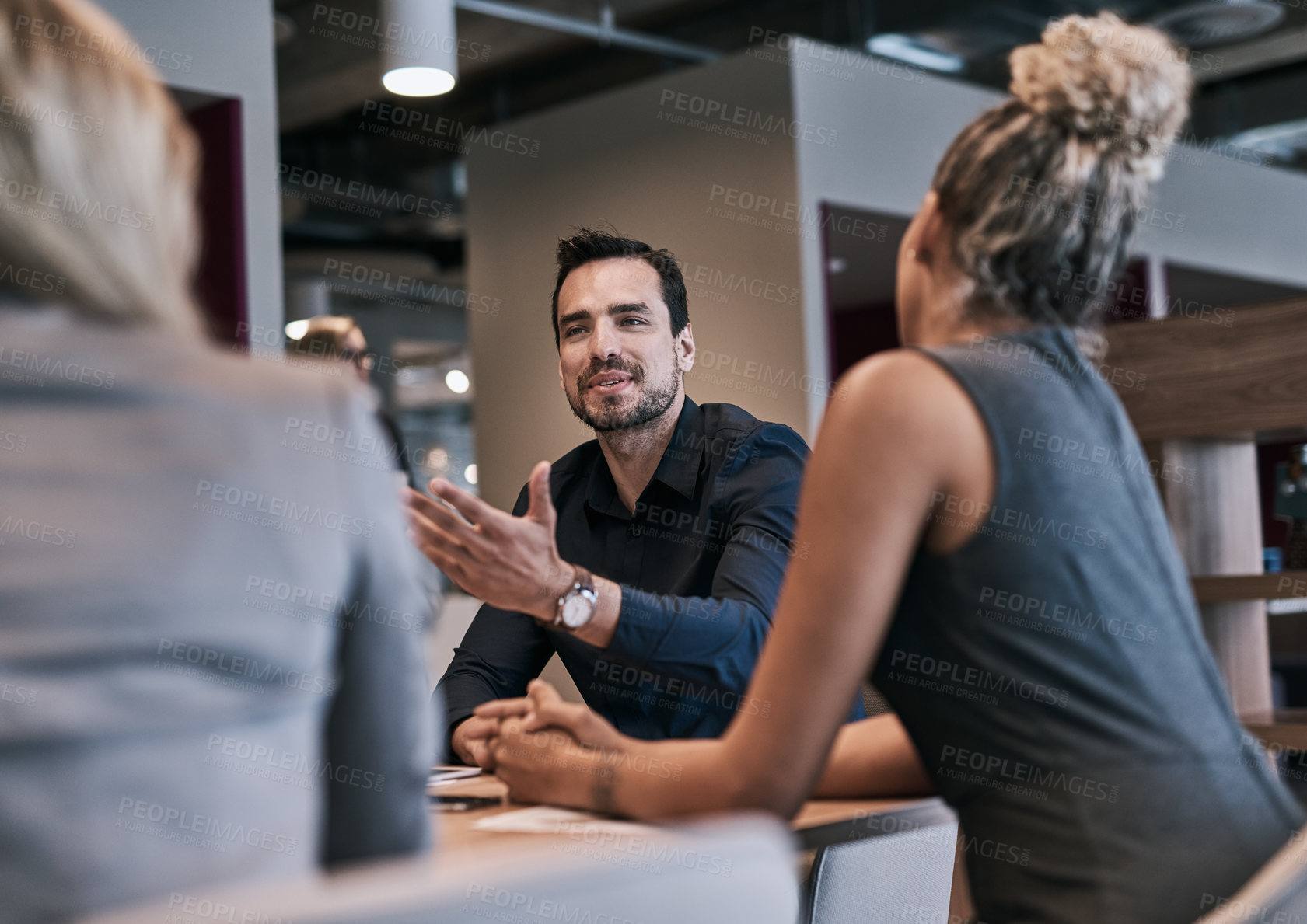 Buy stock photo Leader, business people and team in meeting for discussion, problem solving and planning. Group, product manager and collaboration for startup development, design and brainstorming creative ideas