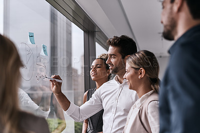 Buy stock photo Collaboration, brainstorming and business people writing on glass for planning, goal and mission in office. Ideas, window and team working with notes for schedule, development and vision of solution