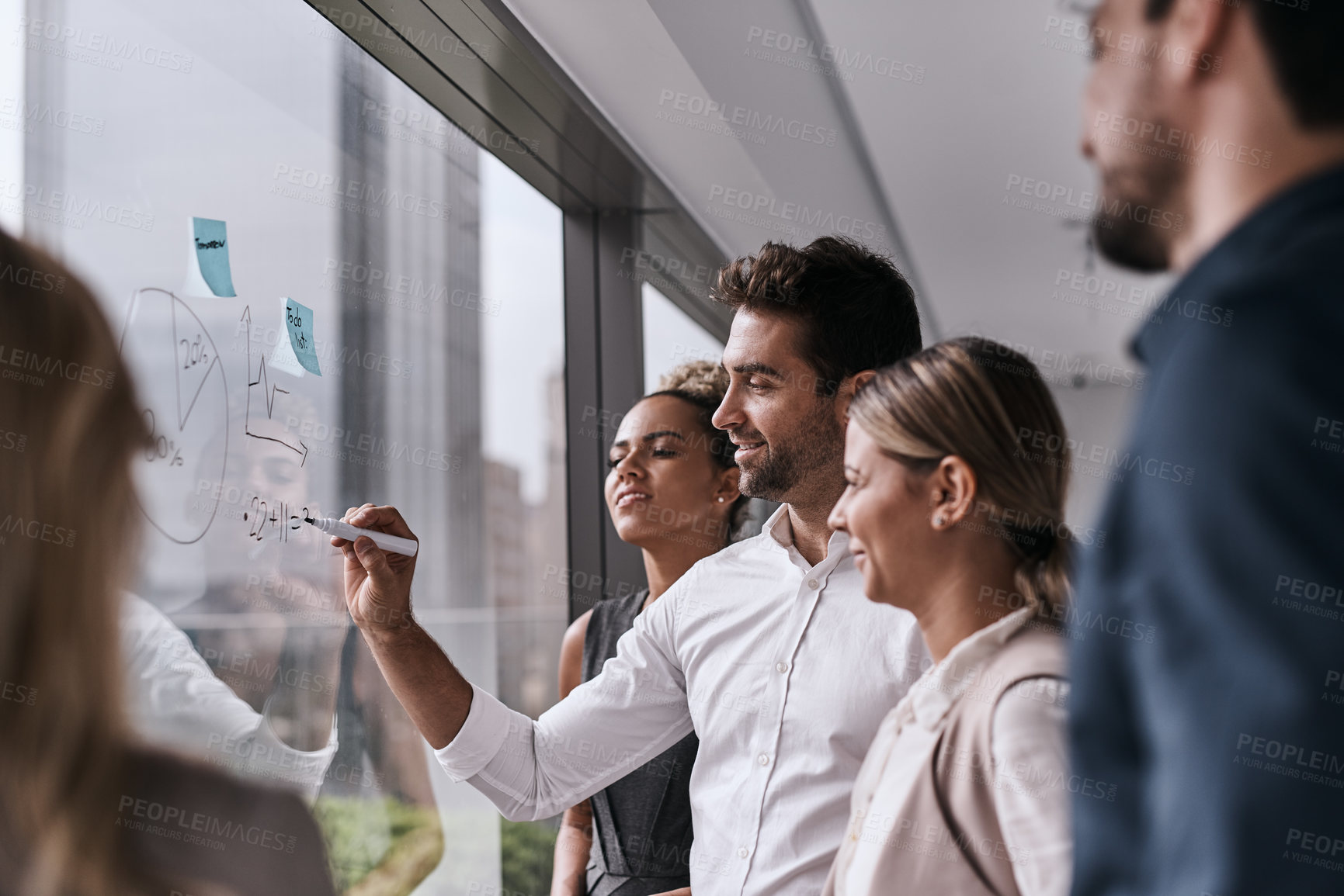 Buy stock photo Collaboration, brainstorming and business people writing on glass for planning, goal and mission in office. Ideas, window and team working with notes for schedule, development and vision of solution