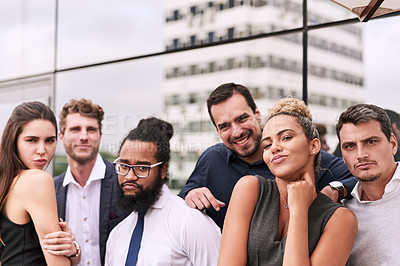 Buy stock photo Portrait of a group of businesspeople standing outside an office