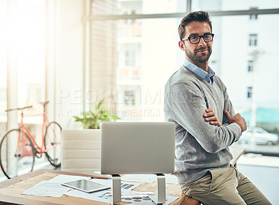 Buy stock photo Portrait, business and man with arms crossed, smile or confidence in modern office. Face, person or professional with pride, career ambition or laptop in workplace, entrepreneur or startup for design