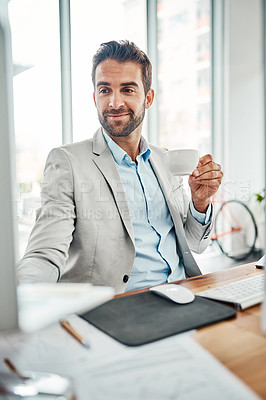 Buy stock photo Coffee, computer and corporate with business man at desk in office for administration or research. Information, reading and smile of happy corporate employee in professional workplace for development