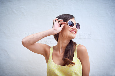 Buy stock photo Wall, woman and ideas with sunglasses for fashion, trendy style and thinking with smile for pride. Female person, confidence and lipstick with accessory for beauty, magazine publication and space