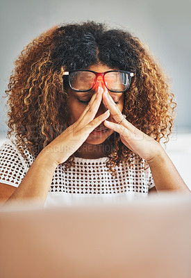 Buy stock photo Headache, business woman and laptop with glitch, burnout or fatigue in research for career. Female person, red glow and stress on tech for project management, admin and progress report in home office