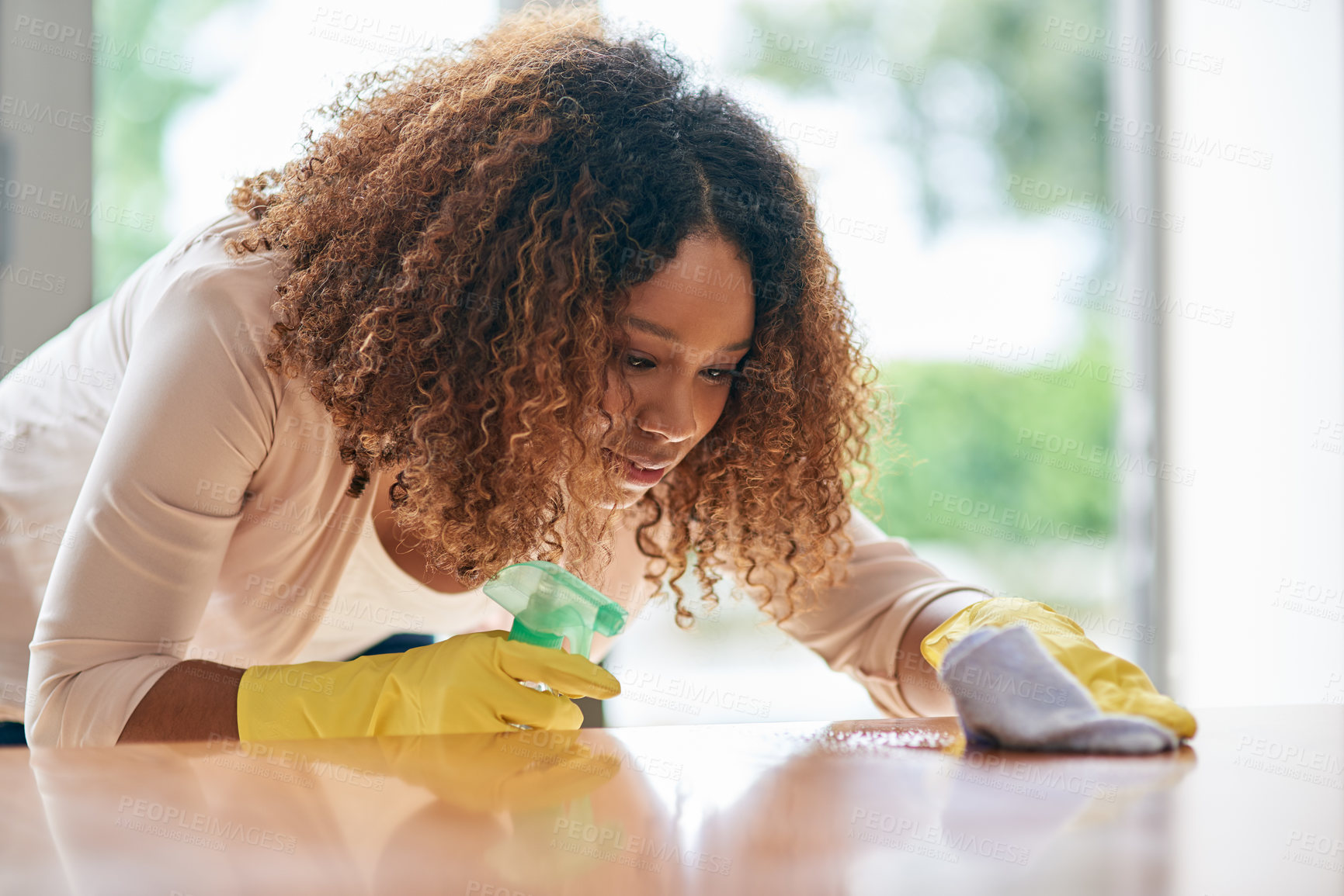 Buy stock photo Shot of a young attractive woman cleaning at home