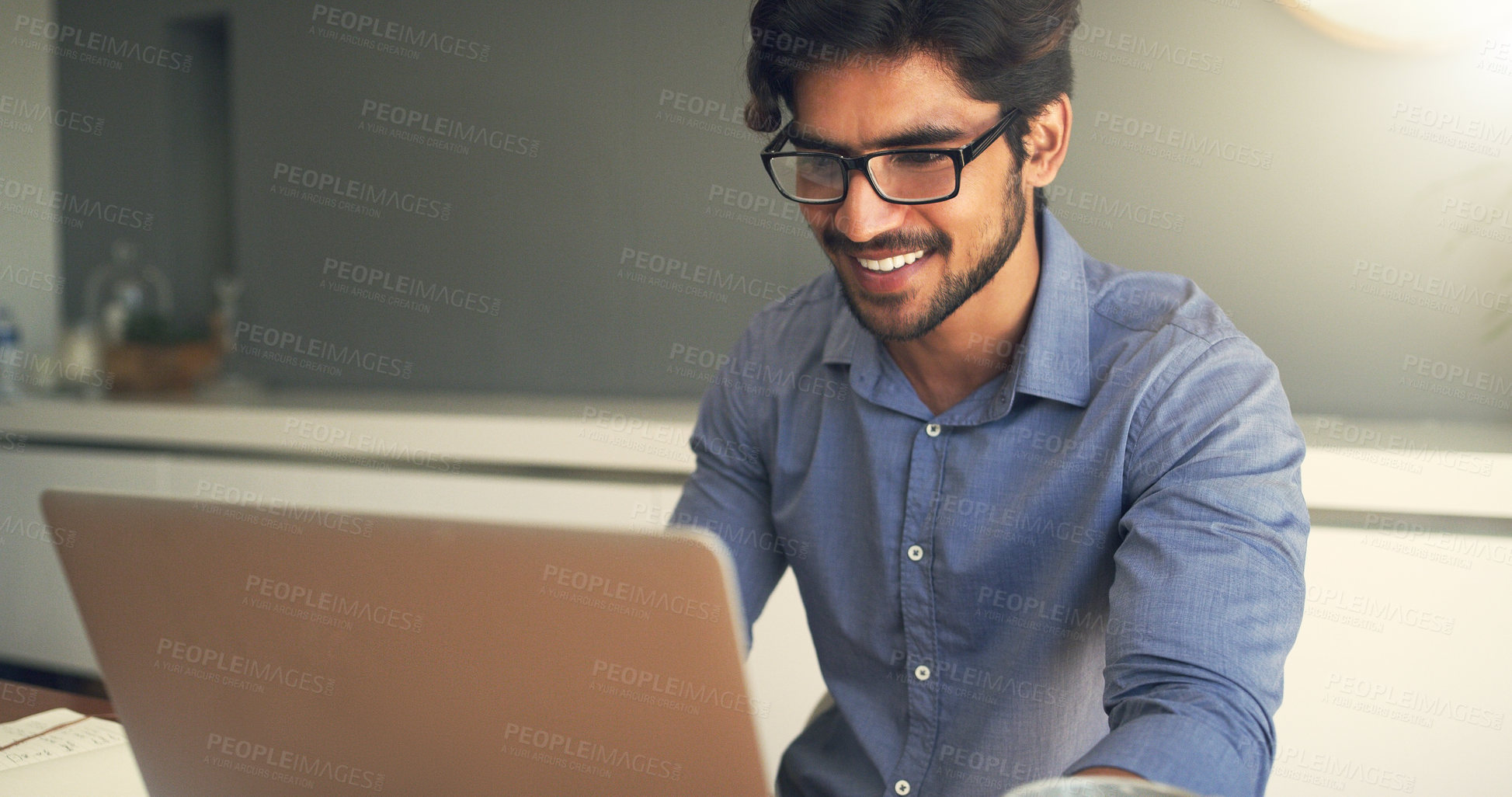 Buy stock photo Happy man, teacher and laptop in classroom for education, elearning and planning teaching of lecture, tutor and school knowledge. Educator working on computer in research, online course and academic