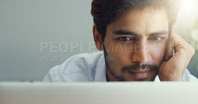 Buy stock photo Mockup, business and man with a laptop, focus and thinking with ideas, inspiration and online reading. Male person, freelancer and employee with concentration, motivation and calm with technology
