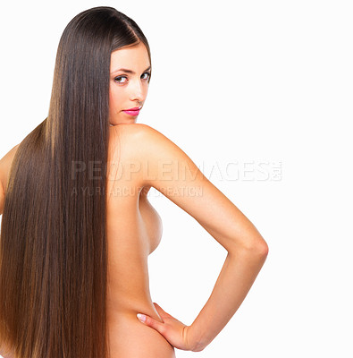 Buy stock photo Studio portrait of a beautiful young woman posing topless against a white background