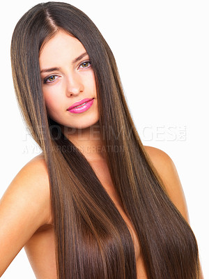 Buy stock photo Hair care, cosmetic and portrait of woman in studio with keratin, salon and hydration treatment. Happy, beauty and female person with routine for healthy, shiny and long hairstyle by white background