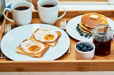 Buy stock photo Still life shot of breakfast on a tray