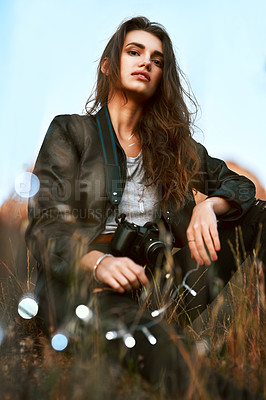 Buy stock photo Portrait, girl and fashion as confident in streetwear or leather jacket as nature photographer. Female person, edgy and trendy outdoor or field for casual, clothes and wardrobe with camera in UK