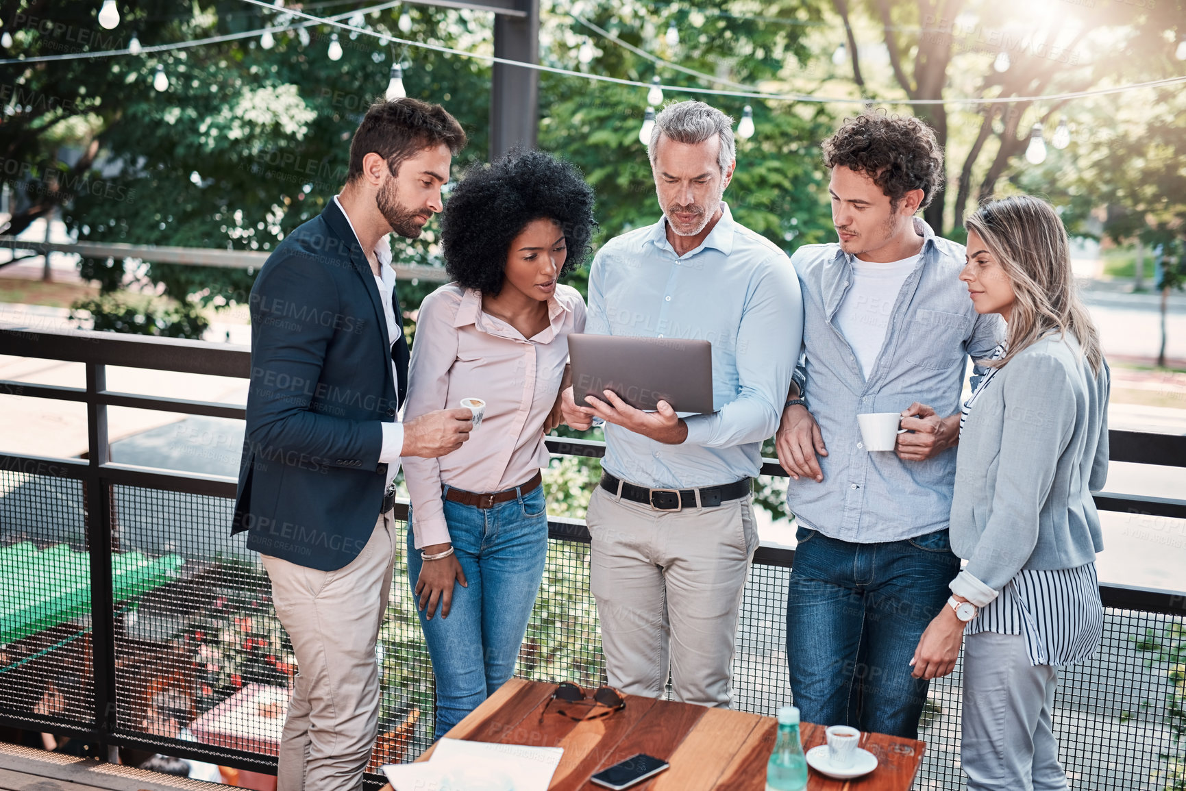 Buy stock photo Meeting, laptop or people in cafe for research, feedback or sharing information. Small business, team or tech on restaurant balcony for discussion, budget plan or reading proposal for startup growth