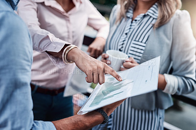 Buy stock photo Hands, business people and group planning with data, stats or metrics closeup. Documents, team and project manager with chart, analysis and brainstorming strategy with information at meeting outdoor