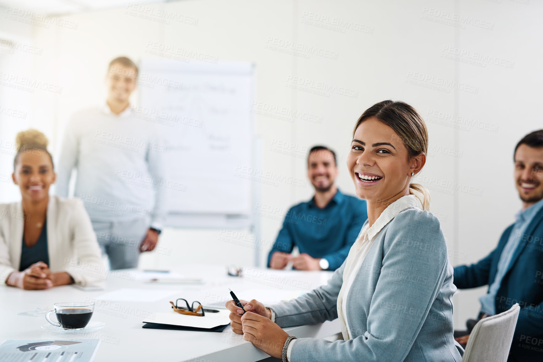 Buy stock photo Portrait, manager and happy business woman in office for coworking, job and solidarity. Face, finance analyst and smile of professional entrepreneur, leader and confident worker in meeting with team