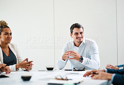 Buy stock photo Employees, talking and meeting for sales pitch in office, project and feedback for plan in boardroom. Business people, speaking and workshop for training in workplace, support and staff for proposal