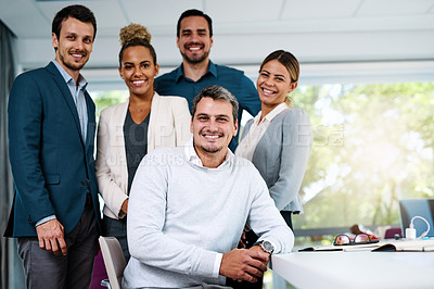 Buy stock photo Diversity, portrait of colleagues smile and in office of their workplace with lens flare. Corporate team or businesspeople, collaboration or teamwork and happy group smiling together at work