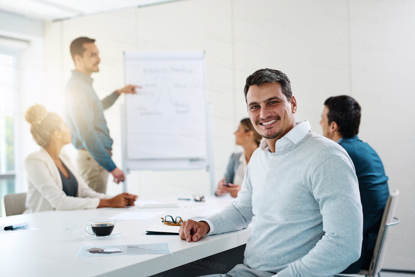 Buy stock photo Portrait, meeting and happy business man in office with data, stats or analysis at company. Face, sales manager and smile of professional entrepreneur in presentation for budget planning information