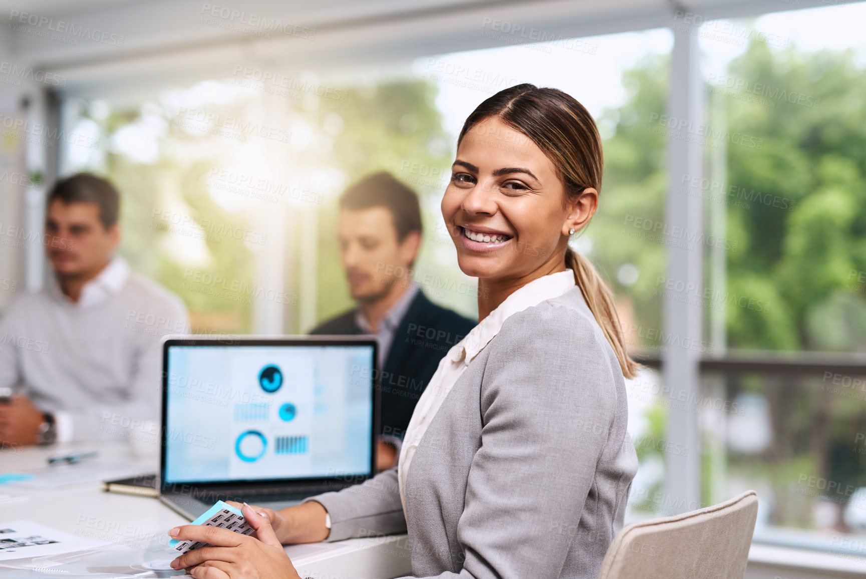 Buy stock photo Portrait, laptop screen and happy business woman in office with data graph. Face, finance manager and smile of professional leader in meeting with computer for budget planning, stats or info on note