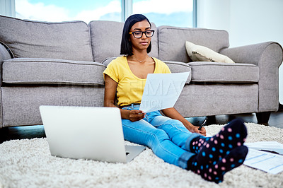 Buy stock photo House, paperwork and woman on floor, laptop and education with learning, internet and student. Person, apartment and girl on carpet, computer or documents with research and reading info in lounge