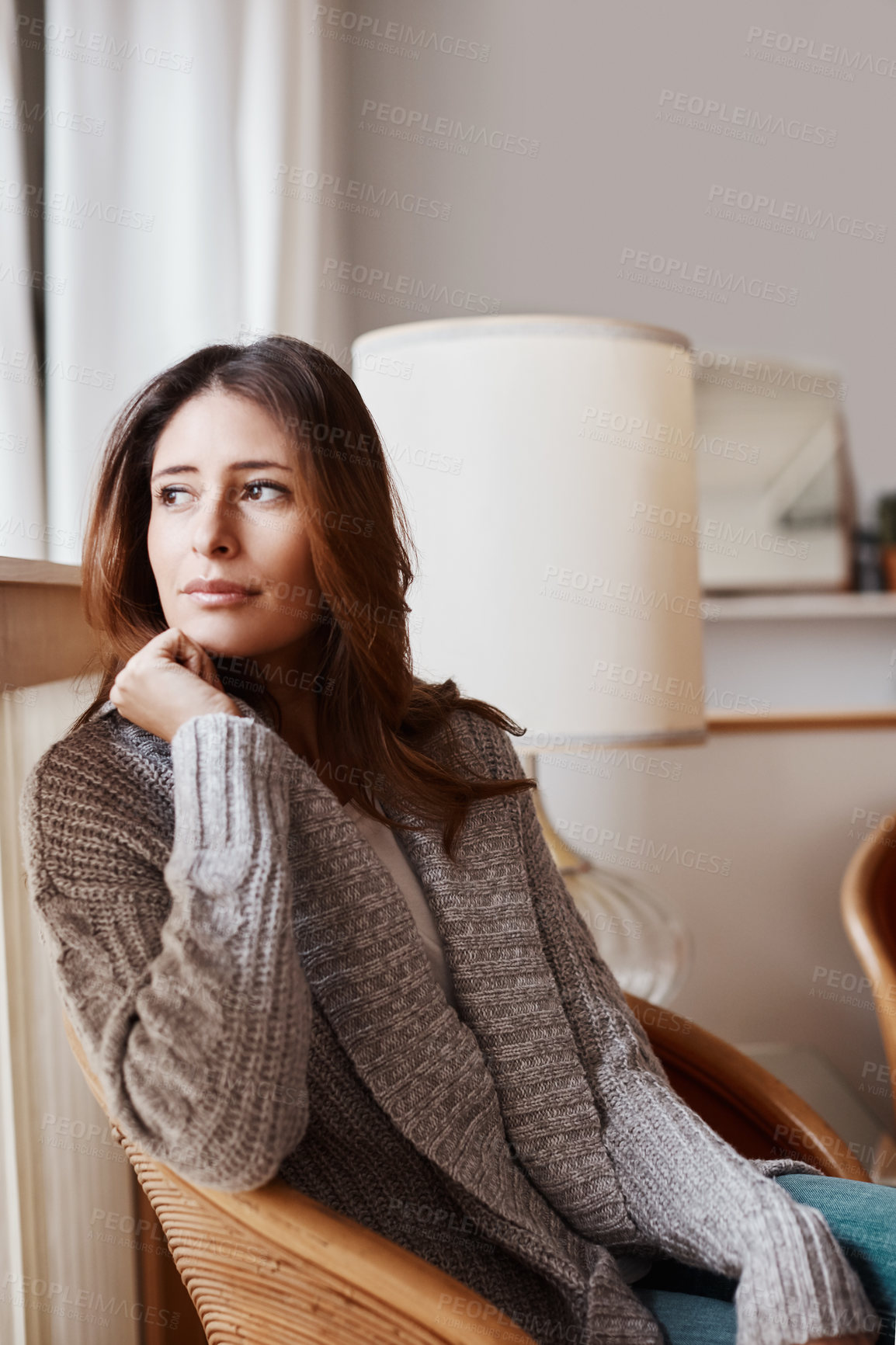 Buy stock photo Mental health, thinking and woman in living room with memory, calm or thoughtful at home. Female therapist, nostalgia or morning reflection on sabbatical for wellness, break or self care on leave