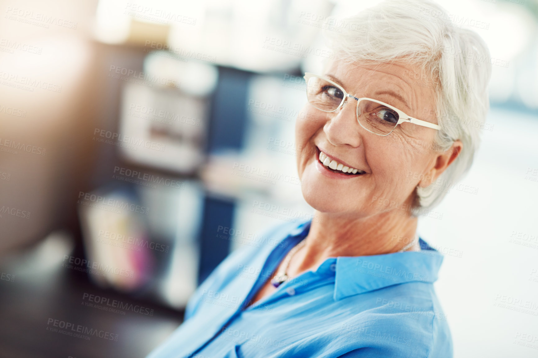 Buy stock photo Cropped portrait of a senior woman standing in her home