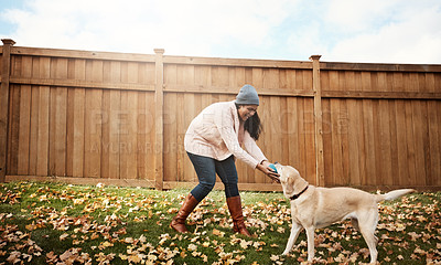 Buy stock photo Home, woman and playful with dog on backyard for friendship, bonding and trust with care and support. Female person, pet and animal owner with smile for fun, relax and enjoy for welfare and adoption