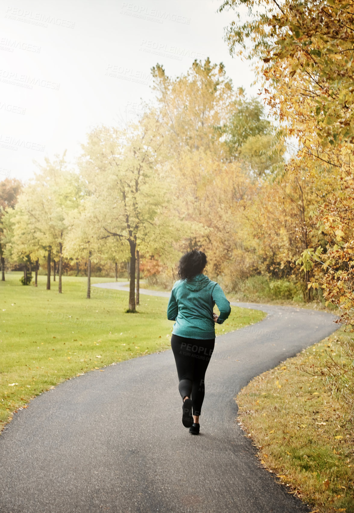 Buy stock photo Runner, back of woman and path with fitness, outdoor and exercise routine with jog in nature. Morning, athlete and person with wellbeing for workout, training and health or wellness for endurance