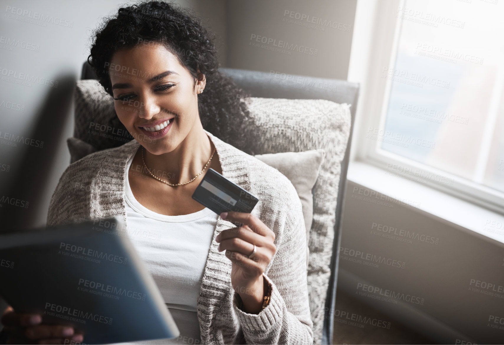 Buy stock photo Ecommerce, credit card and girl on tablet for online shopping, product or digital payment in home or internet banking. Latino woman, debit order and technology, retail or spending money in house