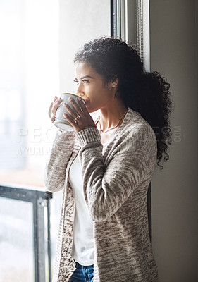 Buy stock photo Woman, coffee and idea in house by window for weekend, calm and wellness in morning. Drinking, tea and female person with inspiration for self care and peace or gratitude for health in apartment