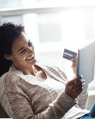 Buy stock photo Woman, tablet and smile in home with credit card, online banking and security details for finance app in house. Ecommerce, fintech payment and shopping on website, customer and digital transaction.