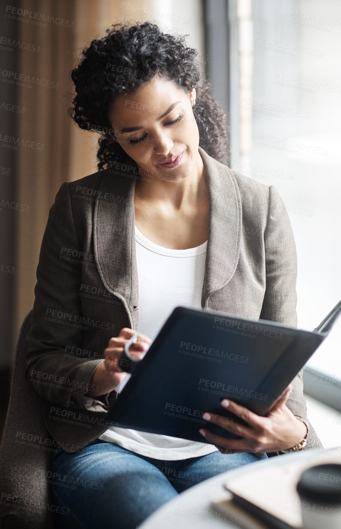 Buy stock photo Reading, folder or businesswoman in coffee shop, remote work or public record information for research. Story investigation, review file or reporter planning for news transparency, freelancer or cafe