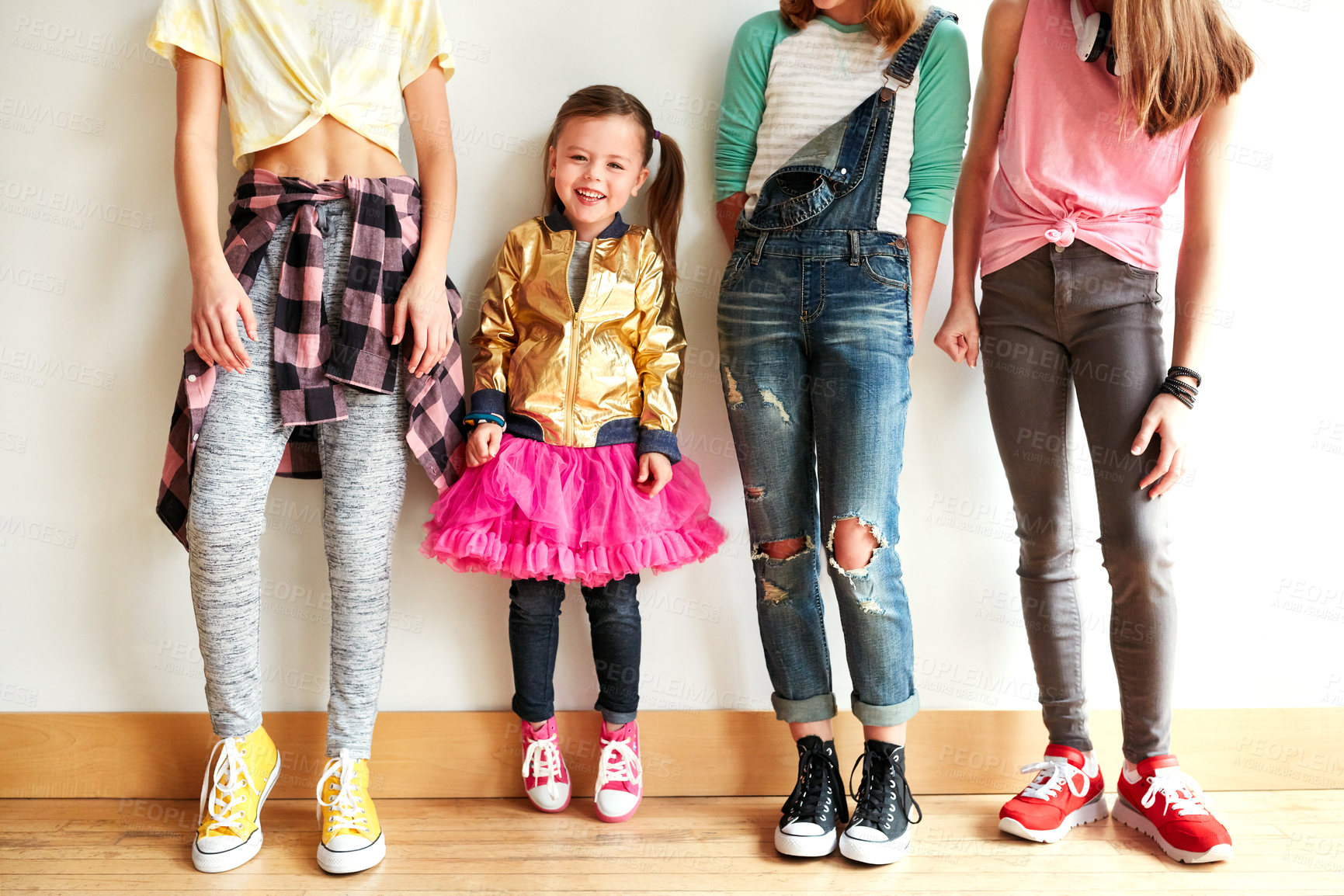 Buy stock photo Girls, smile and dance studio for training, rehearsal and practice for entertainment. Group, friends and kids in academy for art development, choreography and hip hop with creative performance