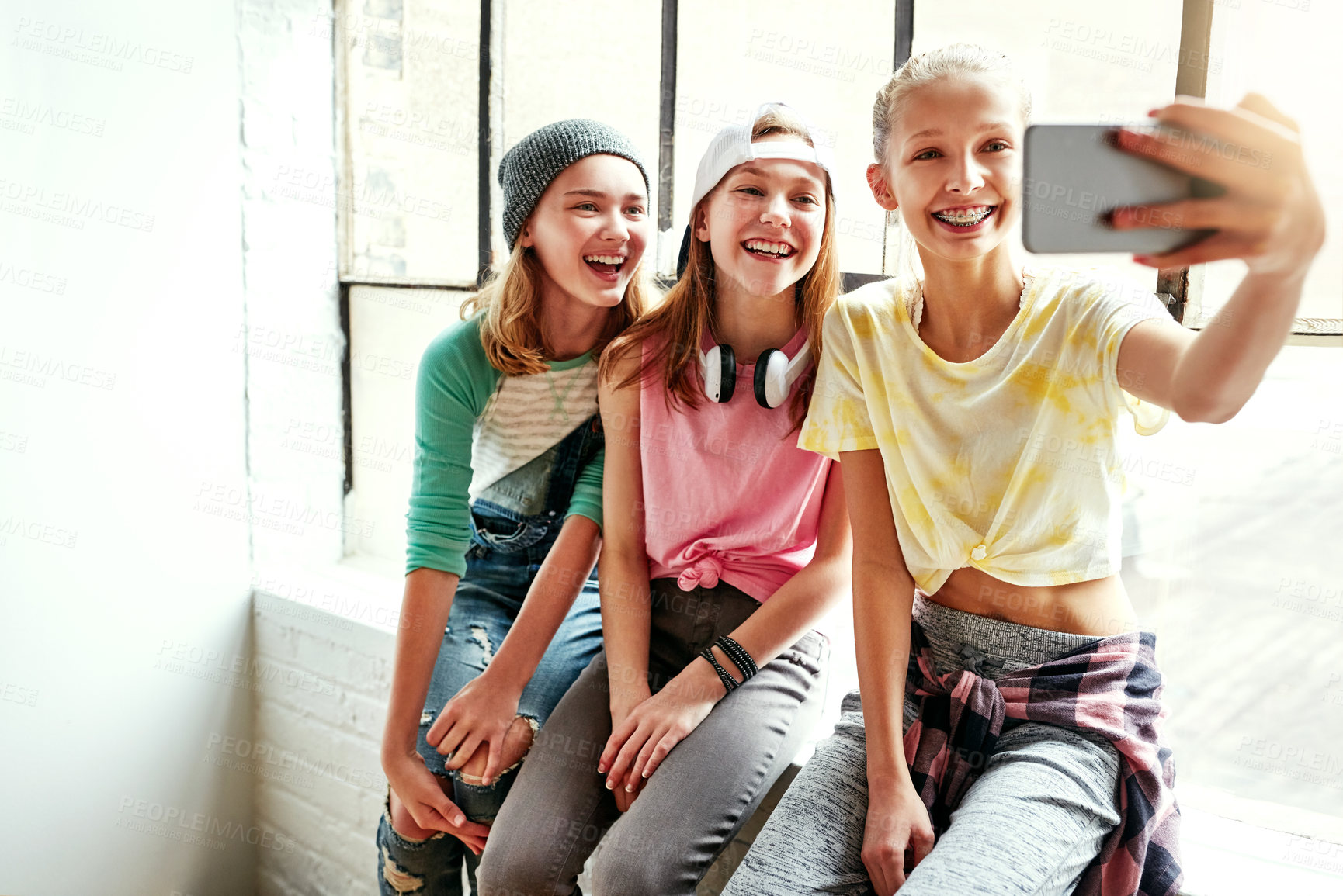 Buy stock photo Shot of young girls taking a selfie in a dancing studio