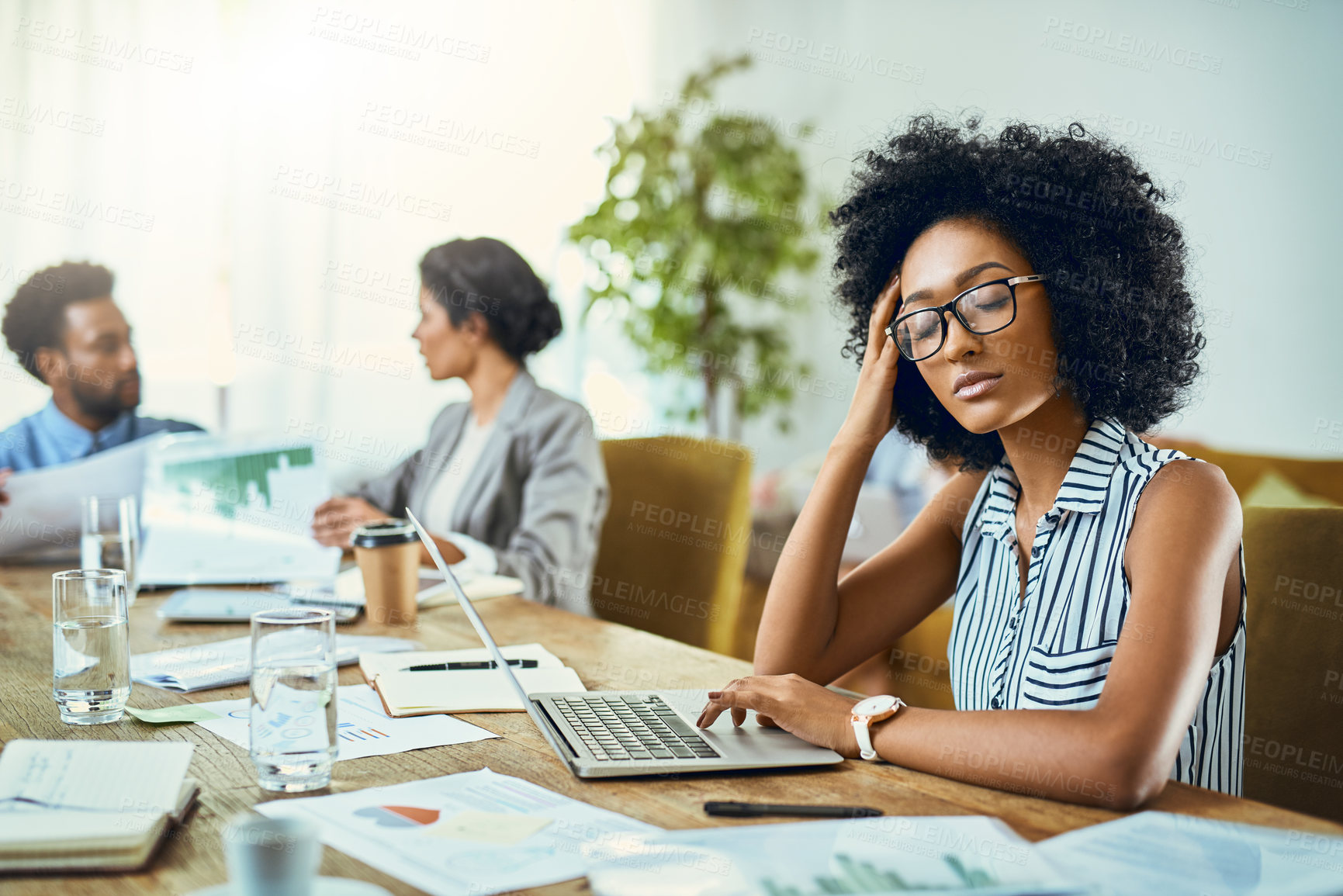 Buy stock photo Woman, migraine and glasses with laptop in office for eye strain, finance mistake and glitch of burnout stress. Person, headache and digital with fatigue pain, project error and brain fog of deadline