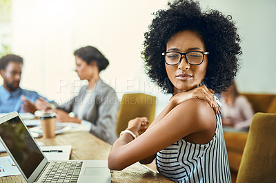 Buy stock photo Woman, shoulder pain and glasses with laptop in office for massage, project mistake and accident of burnout. Person, neck injury and digital with fatigue, review error and brain fog of deadline risk