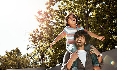 Buy stock photo Happy dad, child and love with carry on shoulder at backyard on holiday, freedom or bonding together at home. Excited father with young kid, son or little boy with smile for weekend in outdoor nature