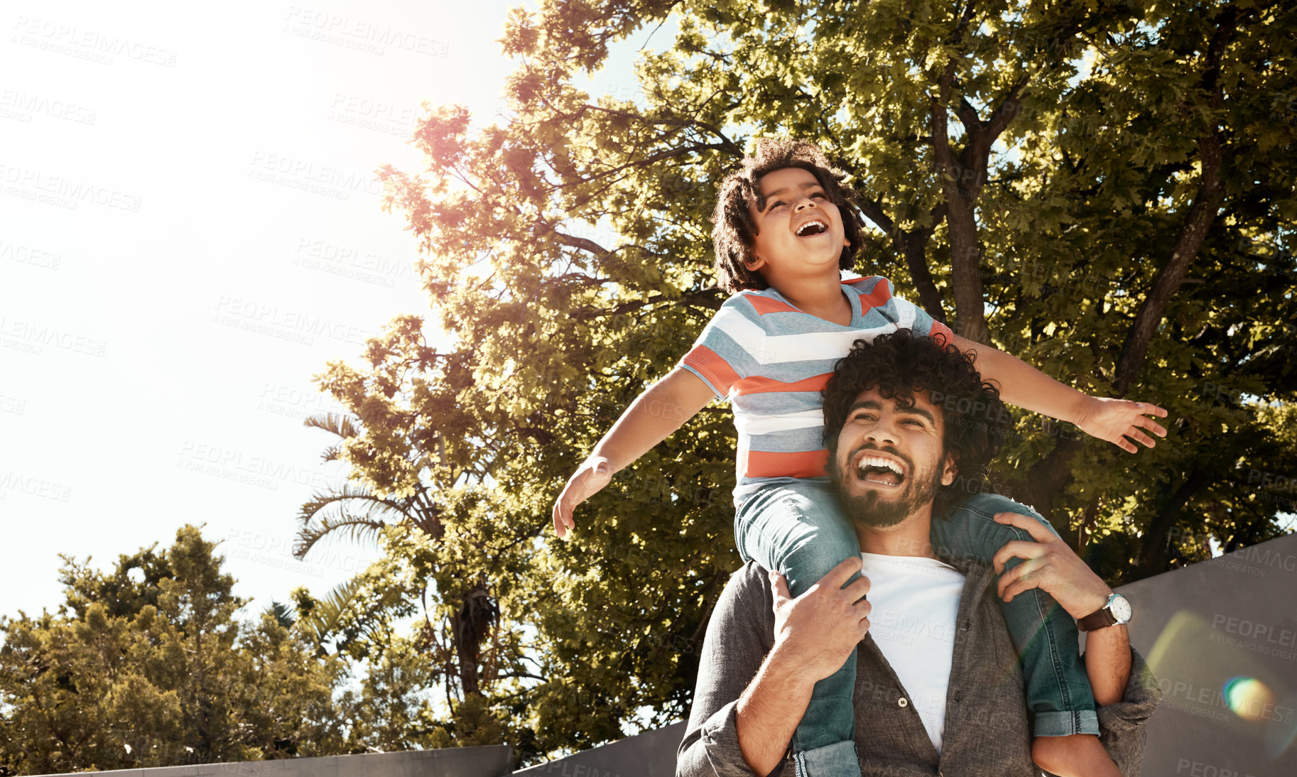 Buy stock photo Happy dad, child and love with carry on shoulder at backyard on holiday, freedom or bonding together at home. Excited father with young kid, son or little boy with smile for weekend in outdoor nature