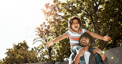 Buy stock photo Happy dad, child and bonding with piggyback at backyard for love, freedom or holiday together at home. Father with son, kid or little boy on shoulder for fun flying or enjoying weekend in nature