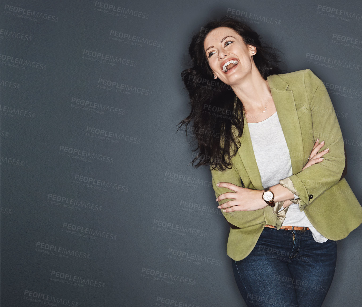 Buy stock photo Studio shot of a young attractive casual businesswoman posing against a grey background