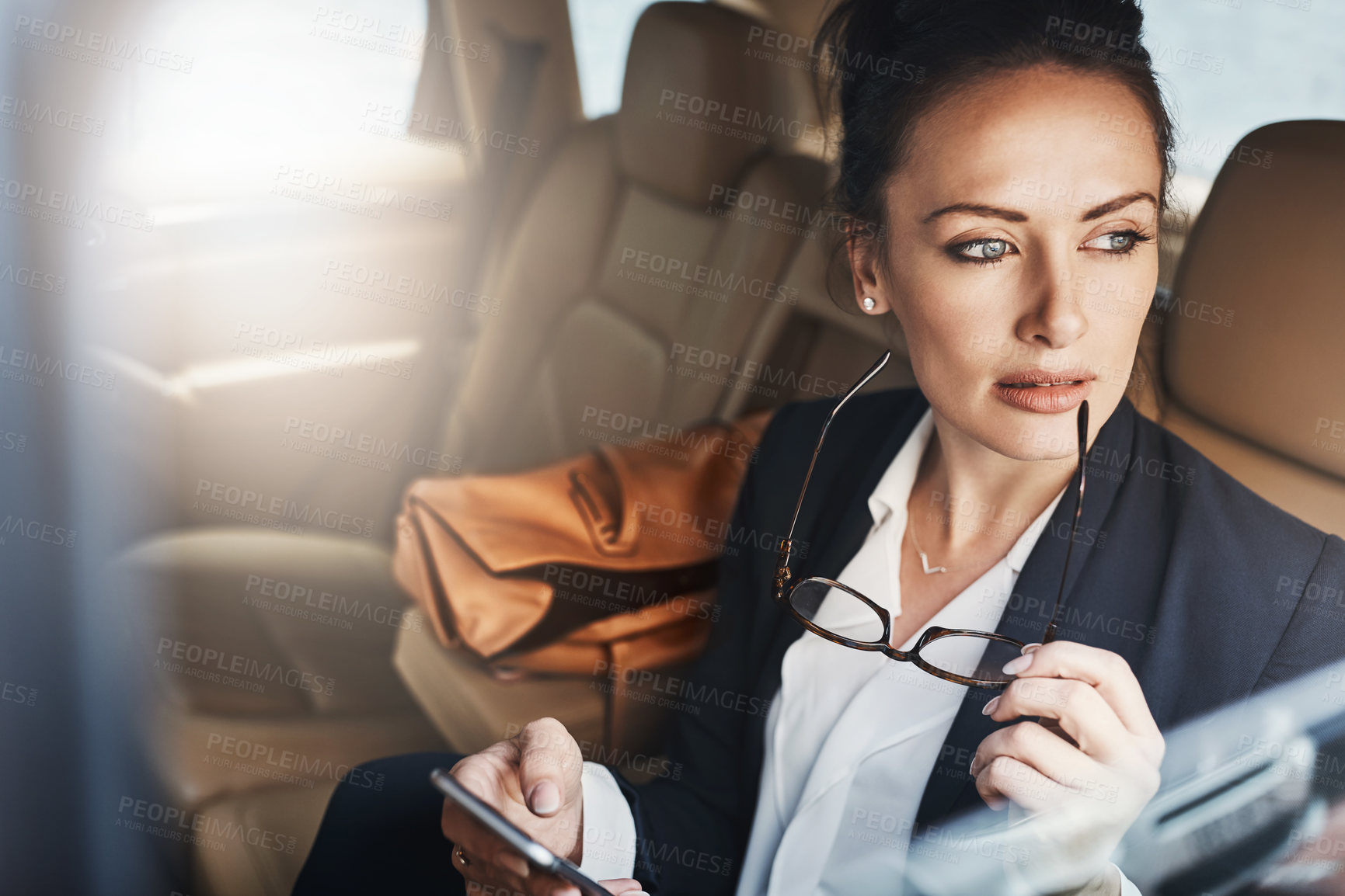 Buy stock photo Business woman, phone and travel to work while thinking for schedule, agenda and investment proposal. Corporate consultant, idea and driving in city with chauffeur, car and plan for company direction