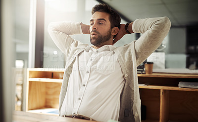 Buy stock photo Man, stretching and thinking at desk for business, break and waiting for software update in office. Architect, recline and whistle at computer for patient, boredom and stress management in company